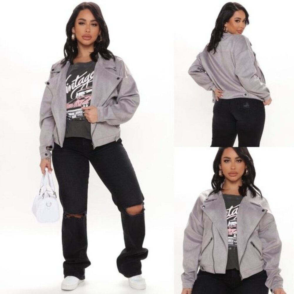 Fashion Nova Women's Nothing's Impossible Faux Suede Moto Jacket Size 1X Grey - Picture 3 of 11